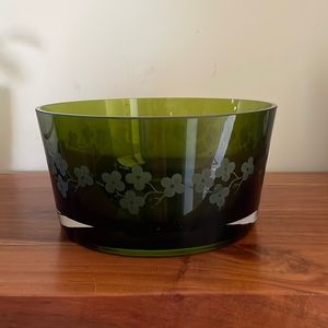 VINTAGE Cherry blossom etched blown glass bowl MCM green
